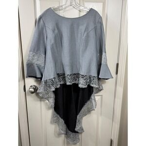 Devine Sport NY Hi-Lo Top Women Size 16 Bell Sleeve‎ Lace Trim Party Blouse